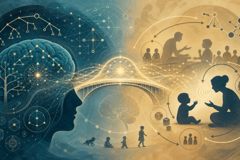 Infografía conceptual del debate Chomsky vs Skinner sobre el lenguaje innato y aprendido, con el puente que la neurociencia moderna construyó entre ambos