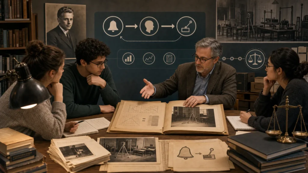 Seminario académico revisando archivos históricos sobre conductismo de Watson y ética de investigación