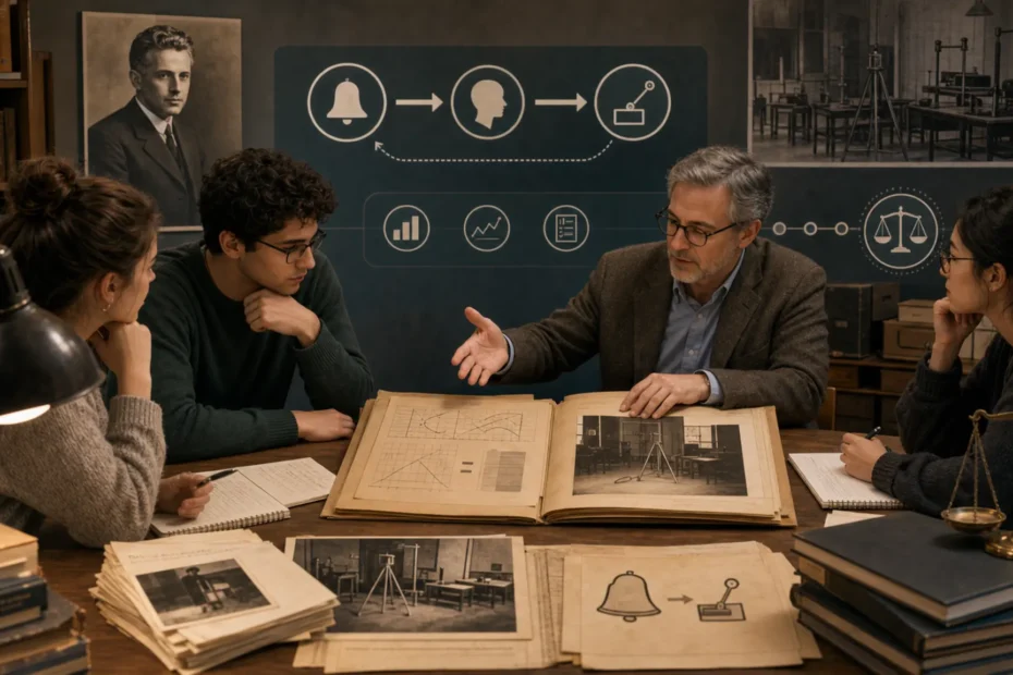 Seminario académico revisando archivos históricos sobre conductismo de Watson y ética de investigación