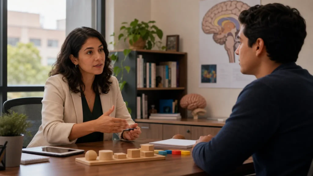 Neuropsicologa explica una tarea de evaluacion cognitiva en una consulta universitaria con material no identificable