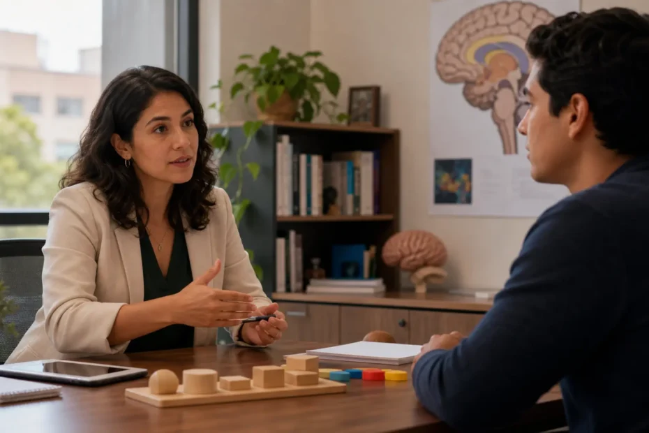 Neuropsicologa explica una tarea de evaluacion cognitiva en una consulta universitaria con material no identificable