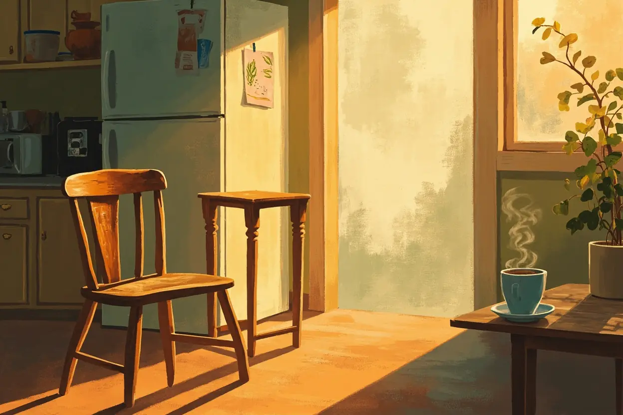 Silla de madera vacía en una cocina bañada por luz dorada de tarde, con una taza humeante y un dibujo infantil en la nevera al fondo.