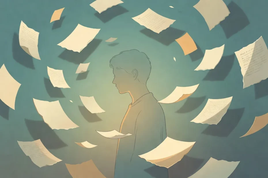 Silueta humana en perfil suave rodeada de fragmentos de páginas flotando, algunos en blanco, otros con escritura desvanecida. Paleta teal desaturado, crema y ocre cálido, ilustración editorial sobre la amnesia disociativa y los vacíos autobiográficos.
