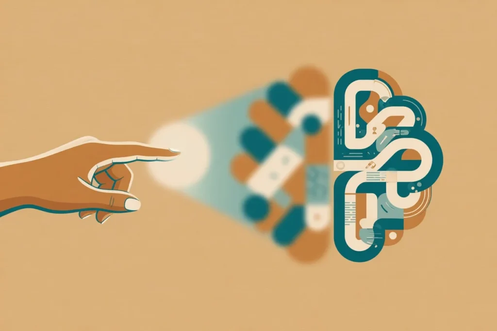 Mano con foco atencional señalando un objeto desenfocado que se vuelve nítido bajo la atención. Paleta warm + teal + cream, infografía editorial minimalista para artículo de psicología cognitiva sobre la relación bidireccional entre atención y percepción.