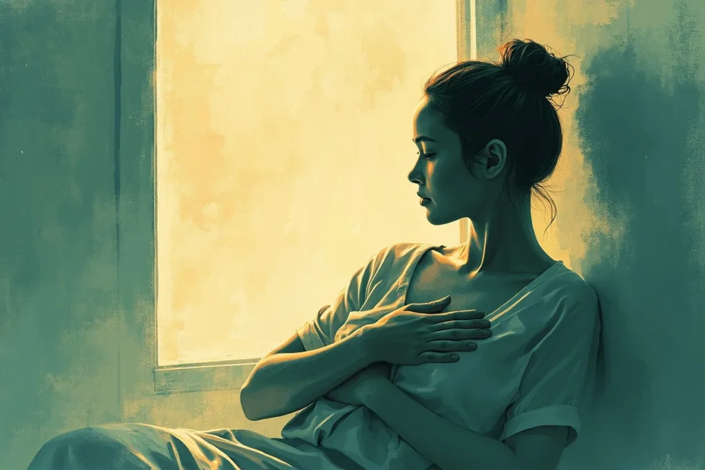 Figura de perfil con mano sobre el corazón en gesto de autocompasión. Paleta warm teal cream, ilustración editorial pictórica sobre cuidado personal y bondad hacia uno mismo.