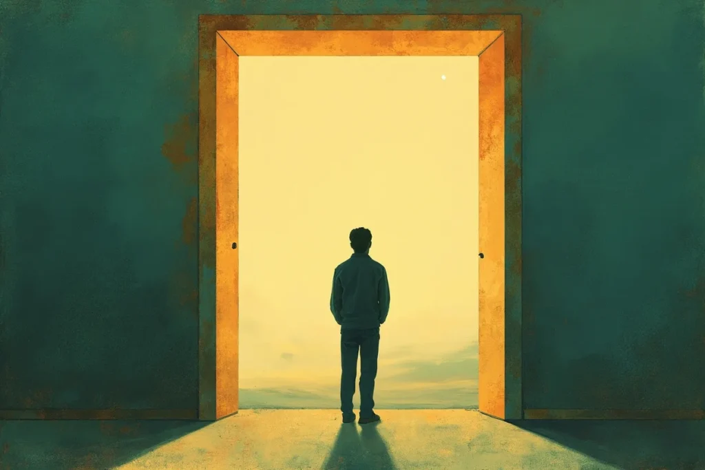 Persona de pie en el umbral de una puerta abierta mirando un horizonte amplio. Paleta warm+teal+cream, grano papel, espacio negativo a la izquierda. Imagen conceptual editorial para articulo sobre autoeficacia como patron de personalidad.