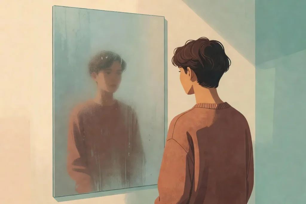 Silueta humana vista desde atrás frente a un espejo empañado con reflejo desplazado, paleta warm teal cream, ilustración editorial sobre la despersonalización y la desconexión de uno mismo.