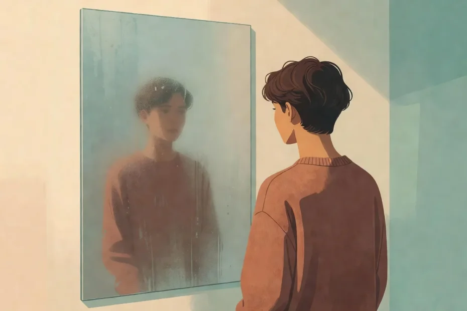 Silueta humana vista desde atrás frente a un espejo empañado con reflejo desplazado, paleta warm teal cream, ilustración editorial sobre la despersonalización y la desconexión de uno mismo.
