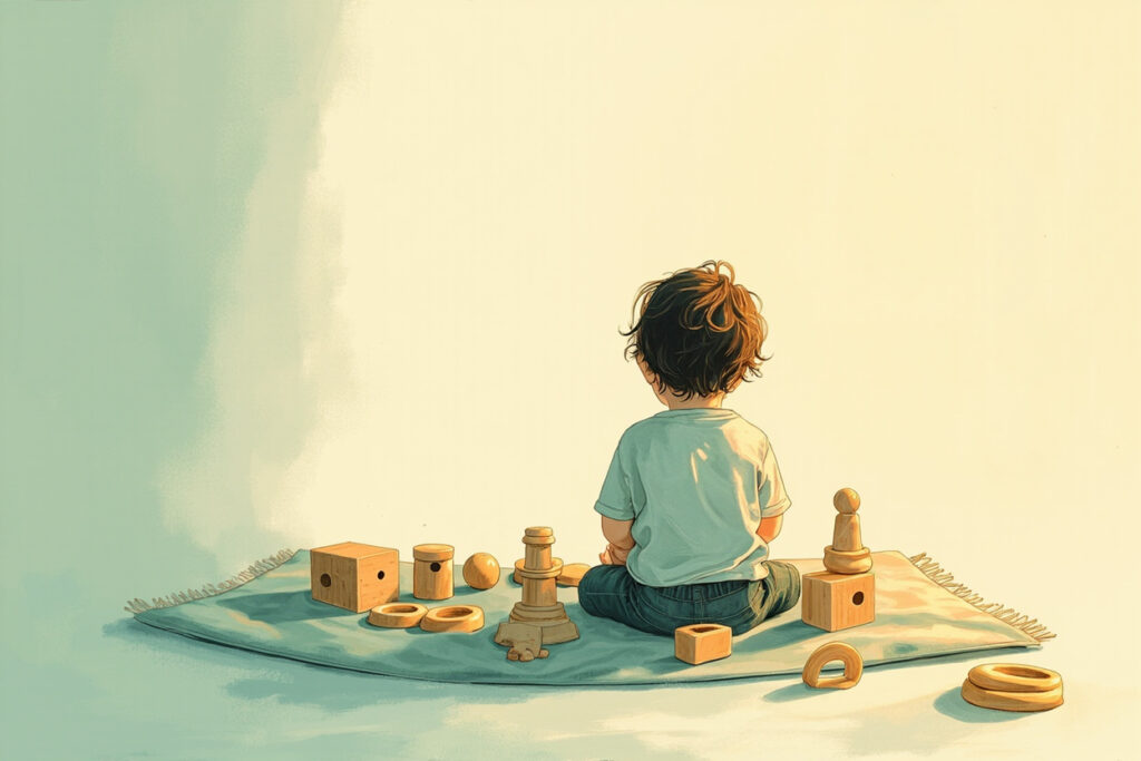 Niño pequeño jugando con bloques de madera en una superficie suave, visto desde arriba en luz cálida dorada, ilustración editorial sobre escalas de evaluación del desarrollo infantil.