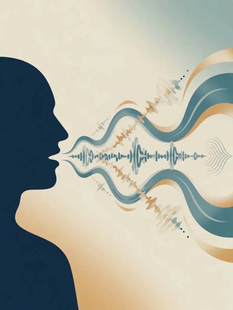 Silueta humana en perfil con ondas de sonido fragmentadas y repetidas que se resuelven al final. Paleta teal desaturado, crema y ocre, ilustración editorial sobre la tartamudez como condición del neurodesarrollo.