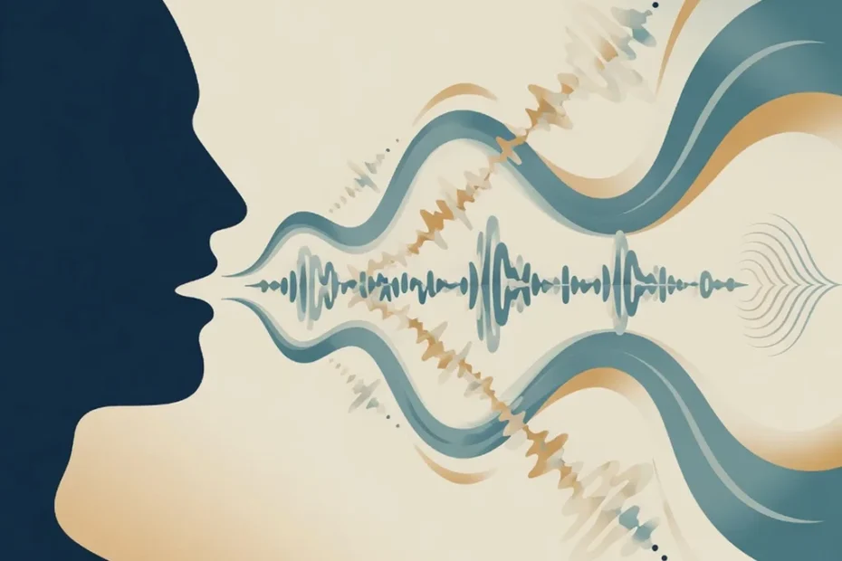 Silueta humana en perfil con ondas de sonido fragmentadas y repetidas que se resuelven al final. Paleta teal desaturado, crema y ocre, ilustración editorial sobre la tartamudez como condición del neurodesarrollo.