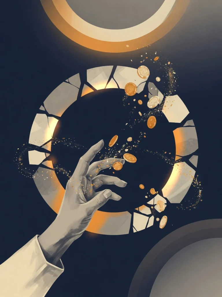 Mano humana que alcanza un ciclo fragmentado de luz y sombra donde monedas se disuelven en partículas. Paleta azul profundo, ámbar y gris cálido. Ilustración editorial sobre el trastorno de juego.