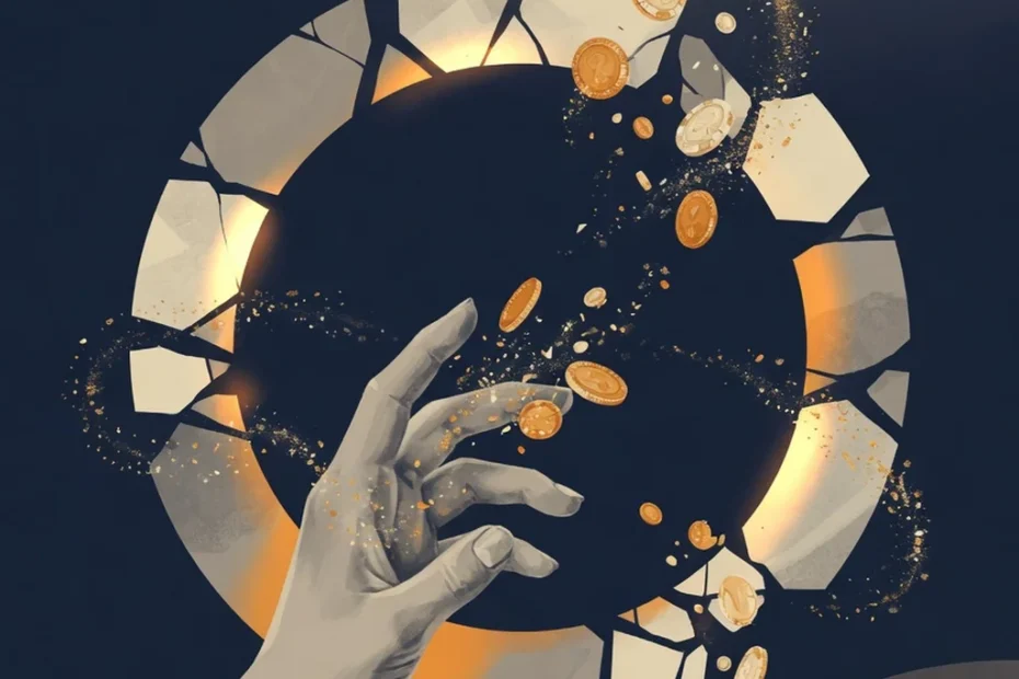 Mano humana que alcanza un ciclo fragmentado de luz y sombra donde monedas se disuelven en partículas. Paleta azul profundo, ámbar y gris cálido. Ilustración editorial sobre el trastorno de juego.