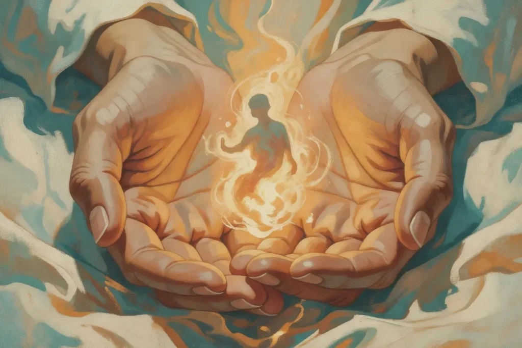 Manos que sostienen y contienen una forma abstracta luminosa. Paleta warm amber teal cream, ilustración editorial sobre contención emocional y primeros auxilios psicológicos.