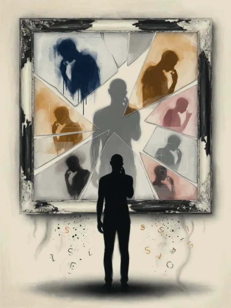 Silueta humana frente a espejo fragmentado que refleja múltiples perspectivas en tonos azules, ocres y grises. Ilustración editorial sobre posmodernismo y psicología.