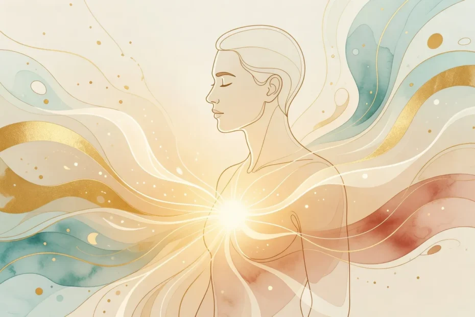Silueta humana en reposo interior, ojos cerrados, rodeada de luz cálida dorada con tonos teal y crema, ilustración editorial sobre técnicas de relajación y calma fisiológica.