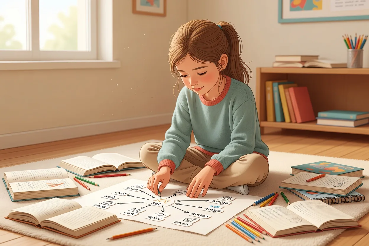 Escena humana editorial cálida: una niña en un salón de clases, rodeada de libros y cuadernos, intentando organizar palabras en un mapa visual. Paleta warm con acentos teal desaturado y crema. Ilustración sobre el trastorno del lenguaje como condición del neurodesarrollo.