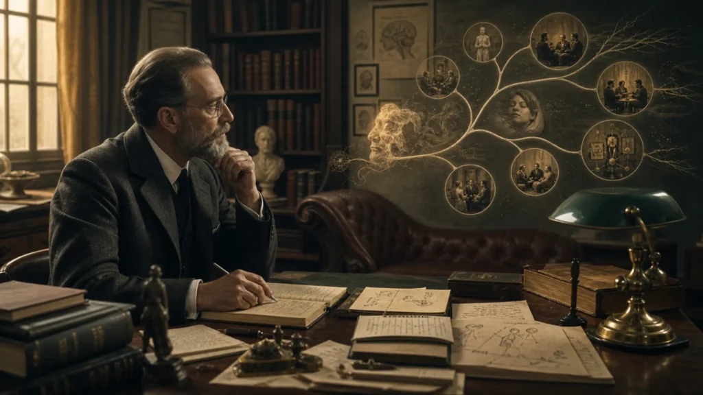 Escena histórica de estudio psicoanalítico con notas clínicas y ramificaciones de escuelas posteriores