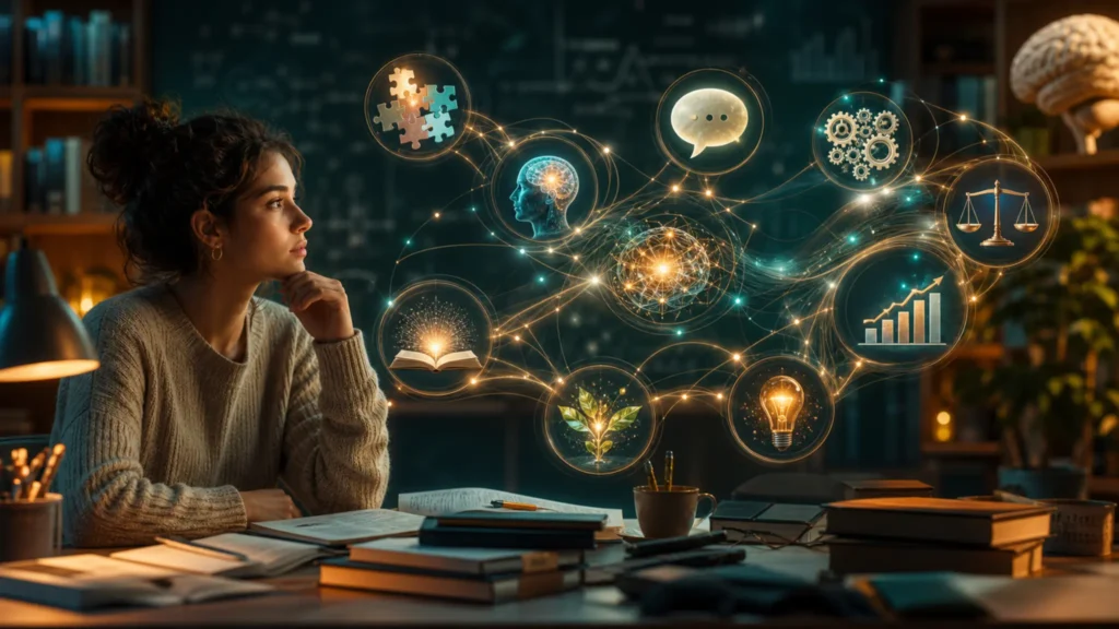 Estudiante observando una red visual de capacidades cognitivas, aprendizaje, razonamiento y medición psicológica
