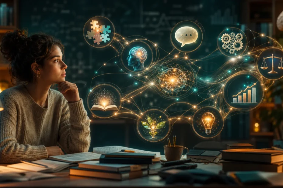 Estudiante observando una red visual de capacidades cognitivas, aprendizaje, razonamiento y medición psicológica
