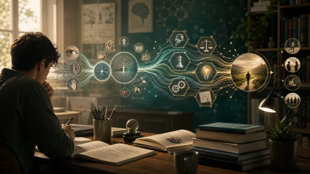 Estudiante observando un mapa visual de procesos cognitivos relacionados con pensamiento, decisión y conducta