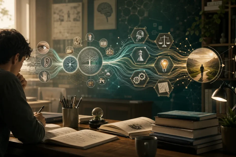 Estudiante observando un mapa visual de procesos cognitivos relacionados con pensamiento, decisión y conducta