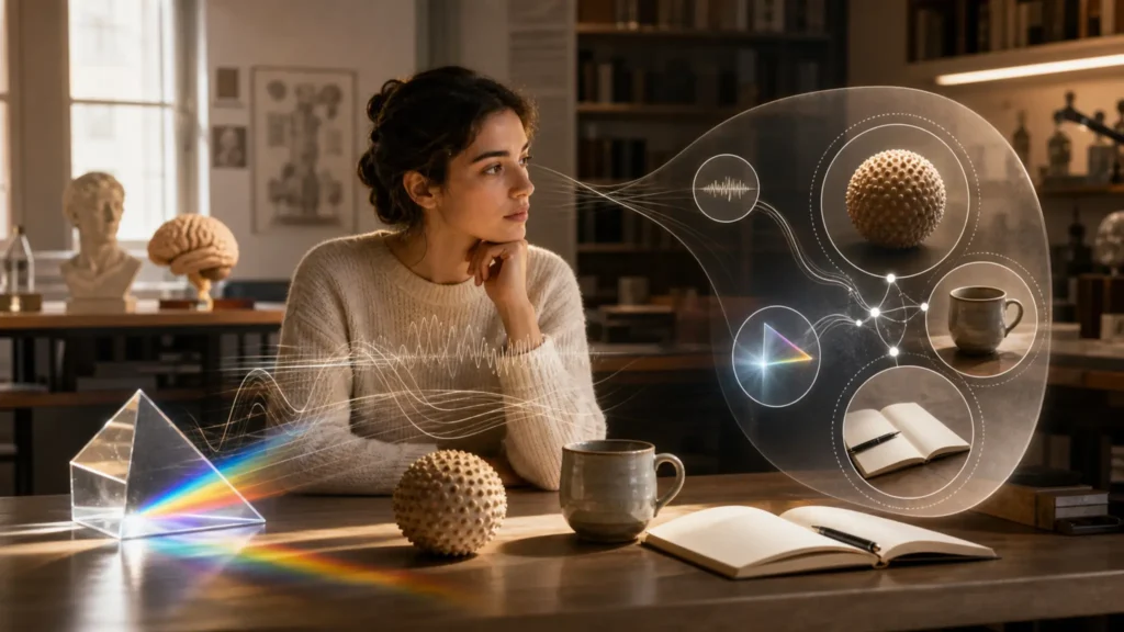 Estudiante observando estímulos sensoriales y su organización perceptiva en un entorno académico