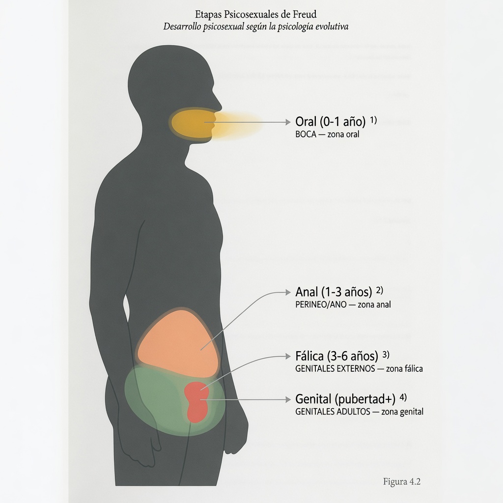 Diagrama anatómico de las 4 zonas erógenas del cuerpo según Freud: oral (boca), anal (perineo), fálica (genitales externos) y genital (adulto)