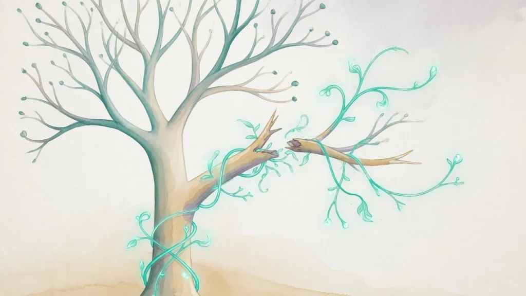 Ilustración en acuarela de un árbol neuronal con una rama rota que regenera nuevas conexiones luminosas