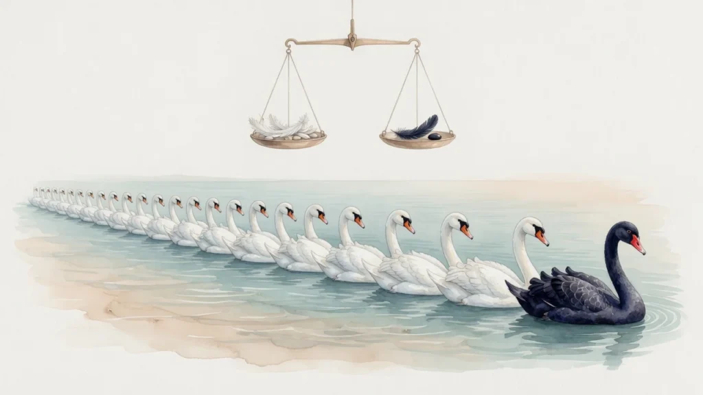 Ilustración en acuarela de una fila de cisnes blancos y un cisne negro bajo una balanza: el problema de la inducción