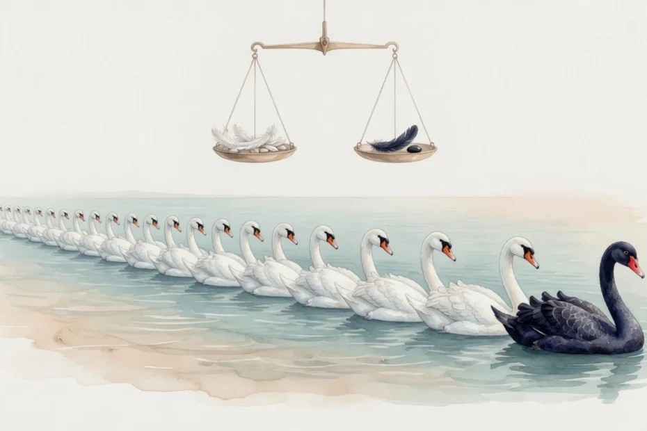 Ilustración en acuarela de una fila de cisnes blancos y un cisne negro bajo una balanza: el problema de la inducción