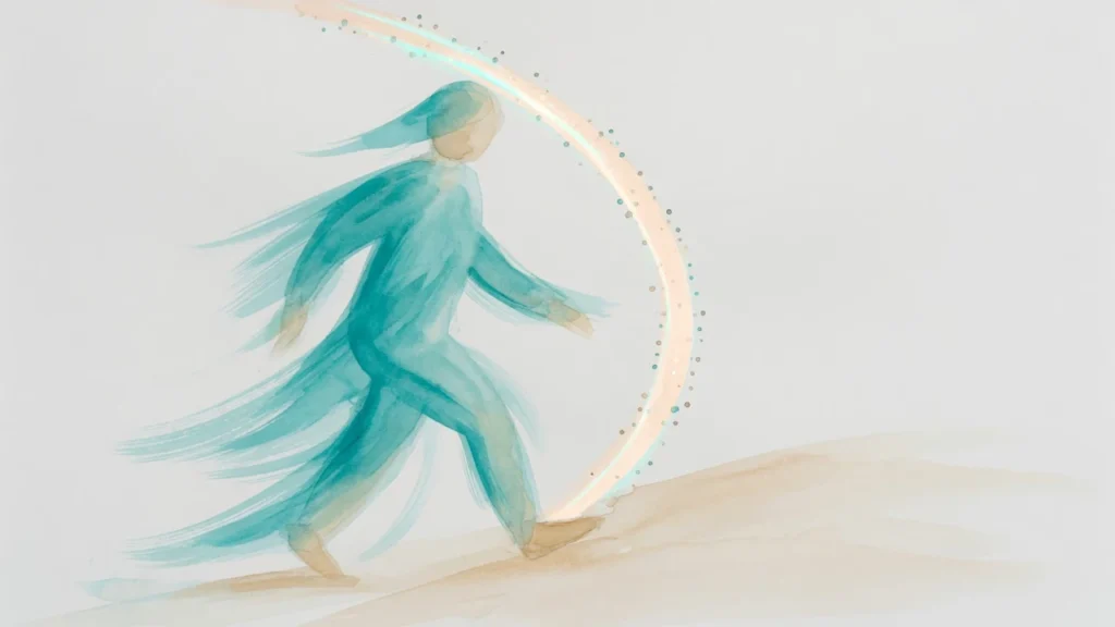 Ilustración en acuarela de una figura en movimiento: el cuerpo que actúa se vuelve cuerpo que decide