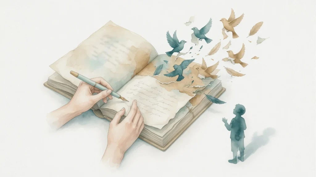 Ilustración en acuarela de manos reescribiendo un libro cuyas páginas se vuelven aves, junto a una sombra separada de la persona