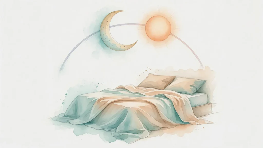 Ilustración en acuarela de una luna y un sol que comparten un arco sobre una cama: el ciclo sueño-vigilia