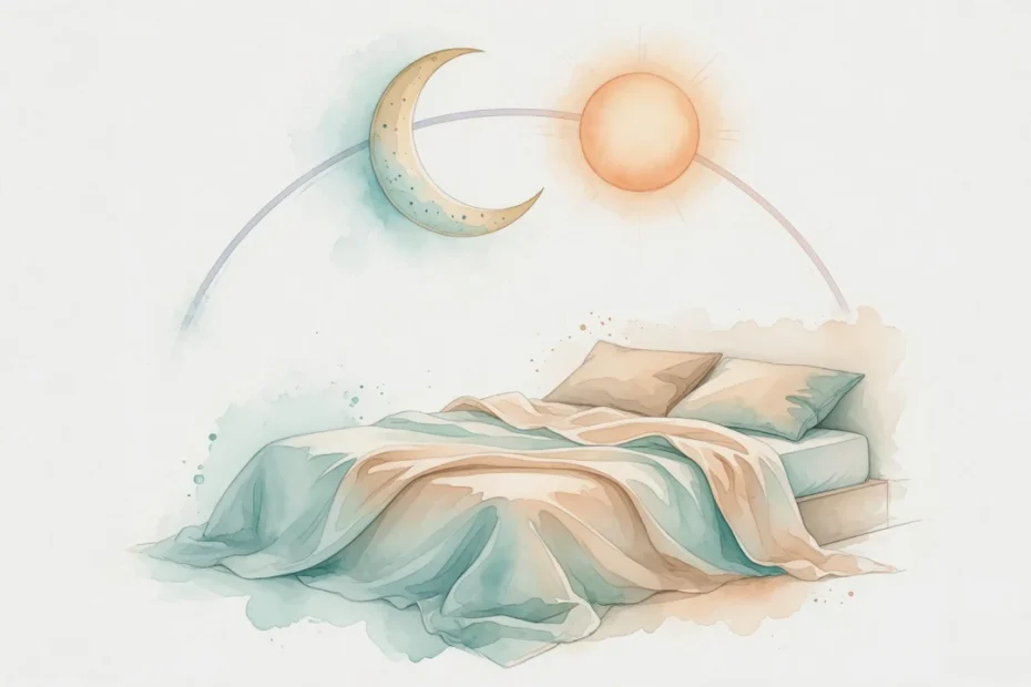 Ilustración en acuarela de una luna y un sol que comparten un arco sobre una cama: el ciclo sueño-vigilia