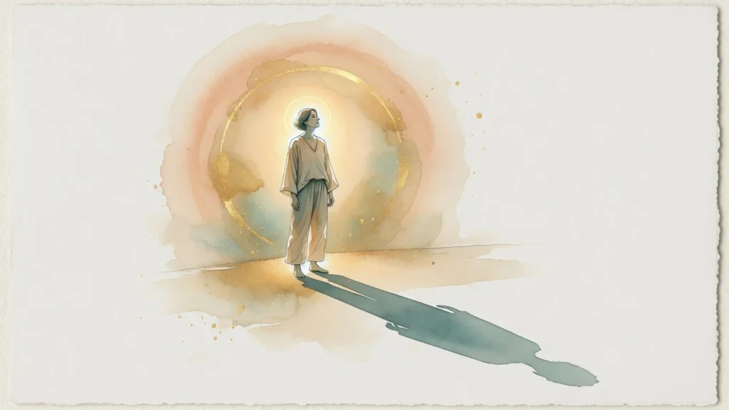 Ilustración en acuarela de una persona dentro de un halo dorado que tiñe todo a su alrededor, mientras su sombra pasa inadvertida