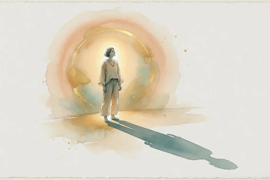 Ilustración en acuarela de una persona dentro de un halo dorado que tiñe todo a su alrededor, mientras su sombra pasa inadvertida