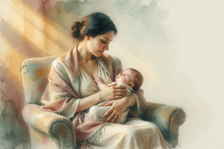 Ilustración en acuarela de una madre sentada en un sillón que sostiene a su bebé con los brazos relajados, como un contenedor seguro.