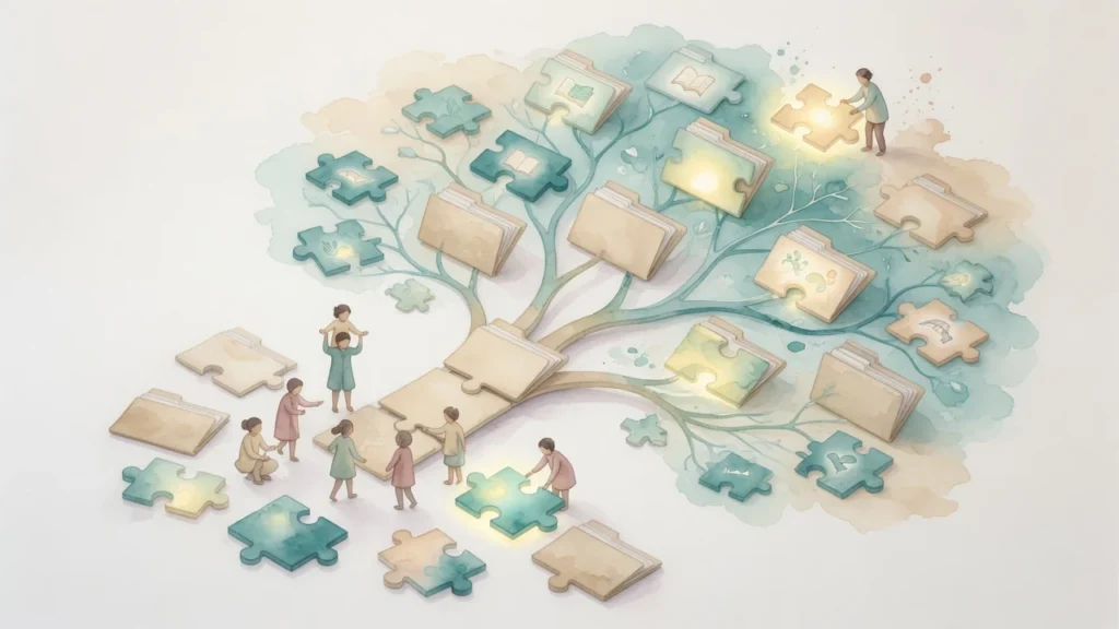 Ilustración en acuarela de personas armando un árbol de conocimiento con piezas de rompecabezas y carpetas