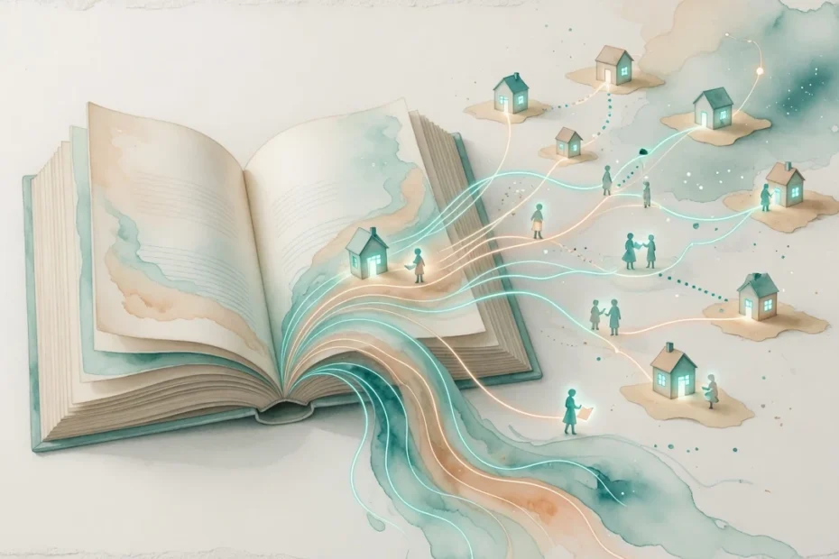 Ilustración en acuarela de un libro abierto cuyas páginas fluyen hacia una red de casas y personas conectadas
