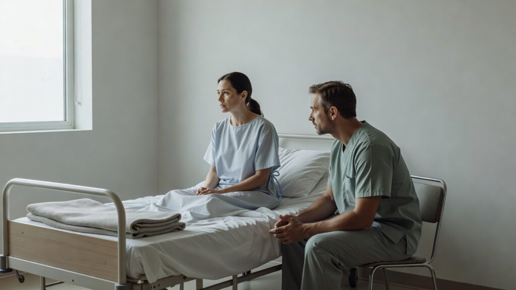 Clínico sentado junto a un paciente en la cama del hospital