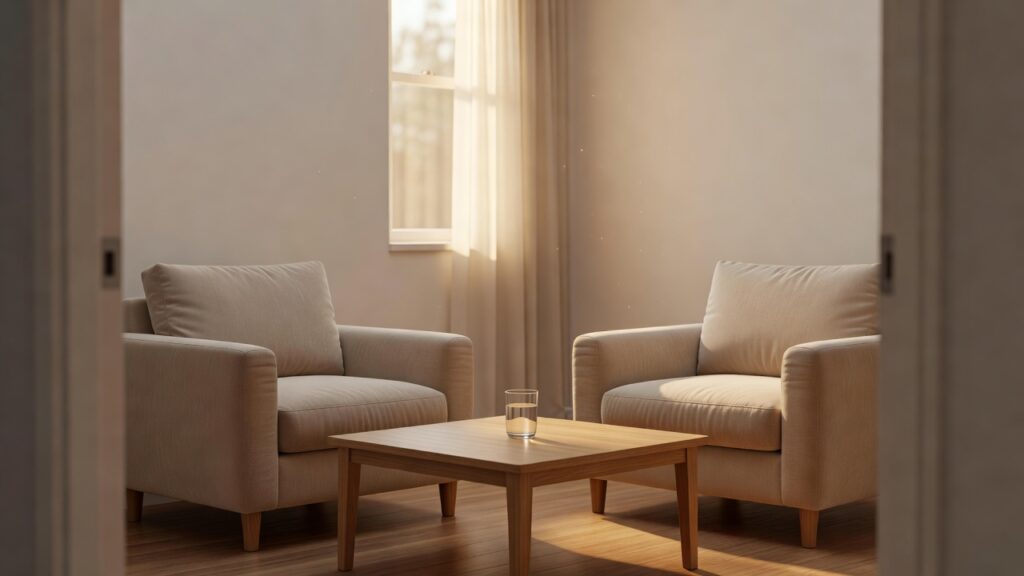 Dos sillones enfrentados en un consultorio, antes de la sesión
