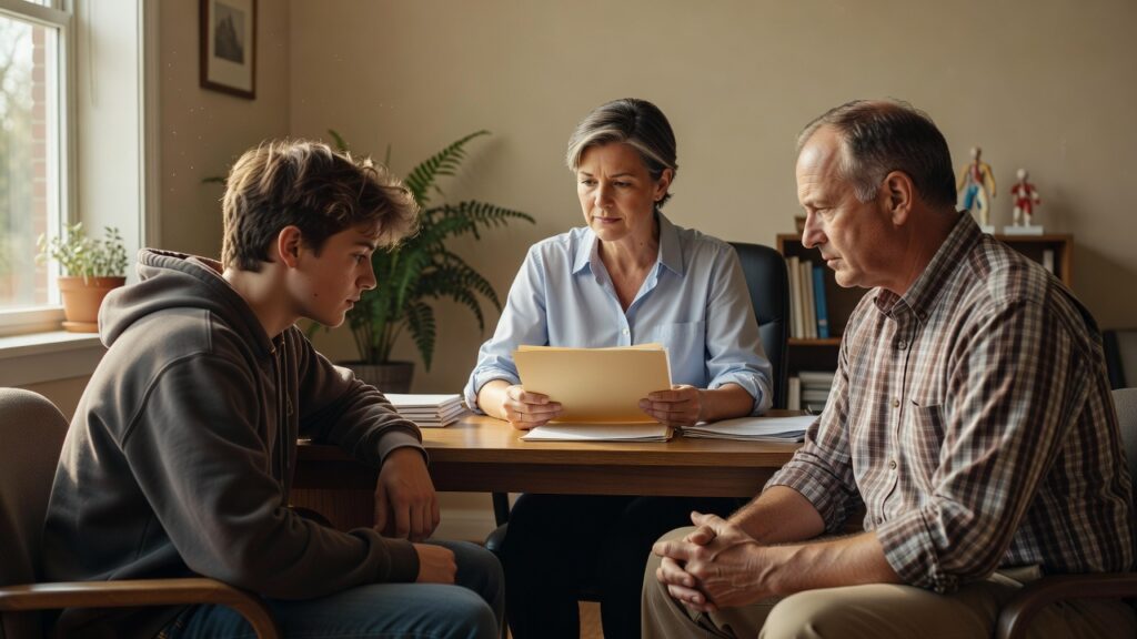 Clínica conversando con un adolescente y un adulto en una oficina