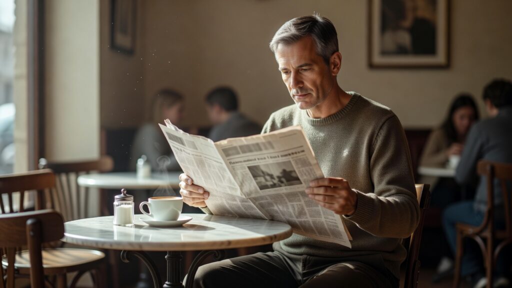 Persona leyendo un periódico en la mesa de un café
