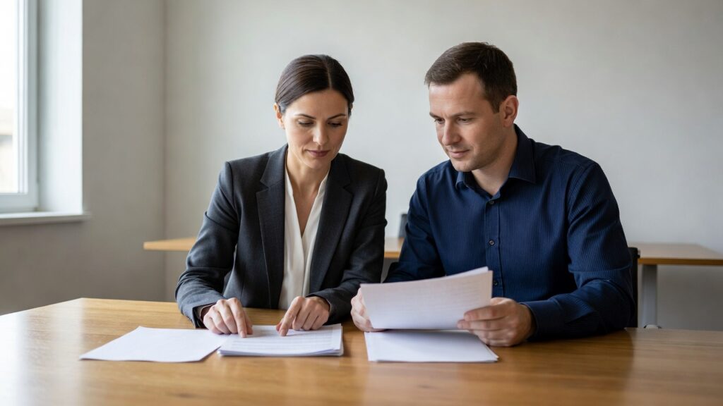 Dos personas revisando documentos en una sala de reuniones
