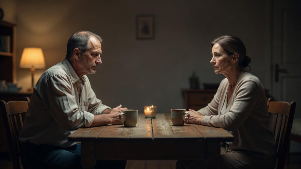Pareja sentada en silencio frente a una mesa