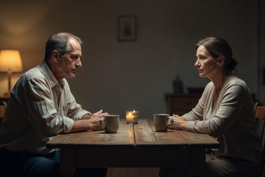 Pareja sentada en silencio frente a una mesa