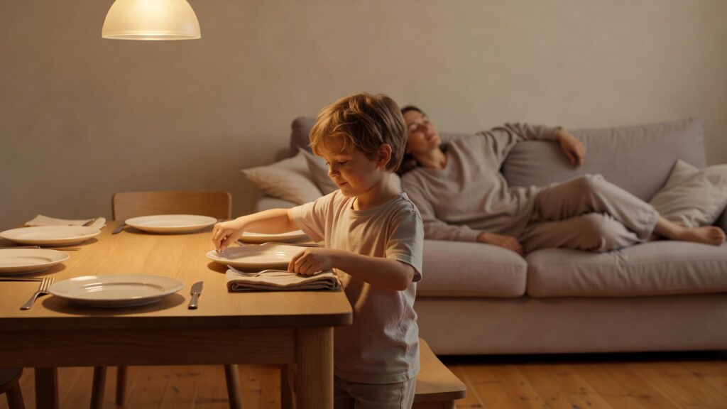 Niño poniendo la mesa mientras un adulto descansa en el sofá