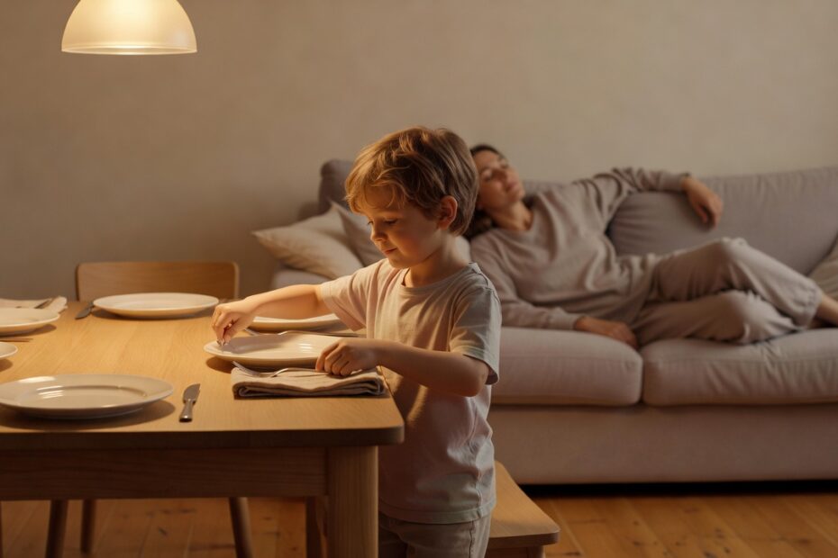 Niño poniendo la mesa mientras un adulto descansa en el sofá