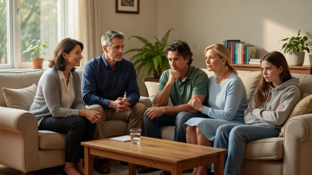 Grupo de personas conversando en una sala de estar